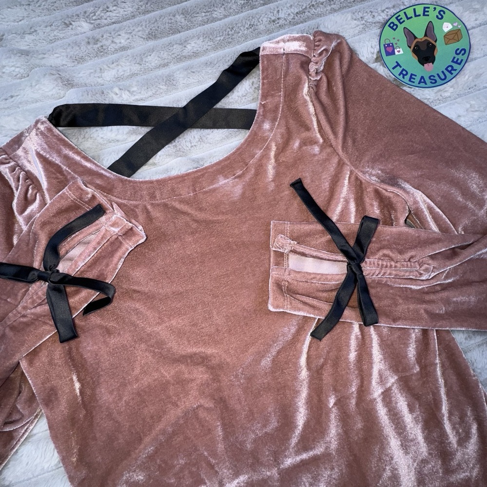By Anthropologie Open-Back Velvet Top SIZE S Rose Gold Bow Sleeve Strappy Witchy